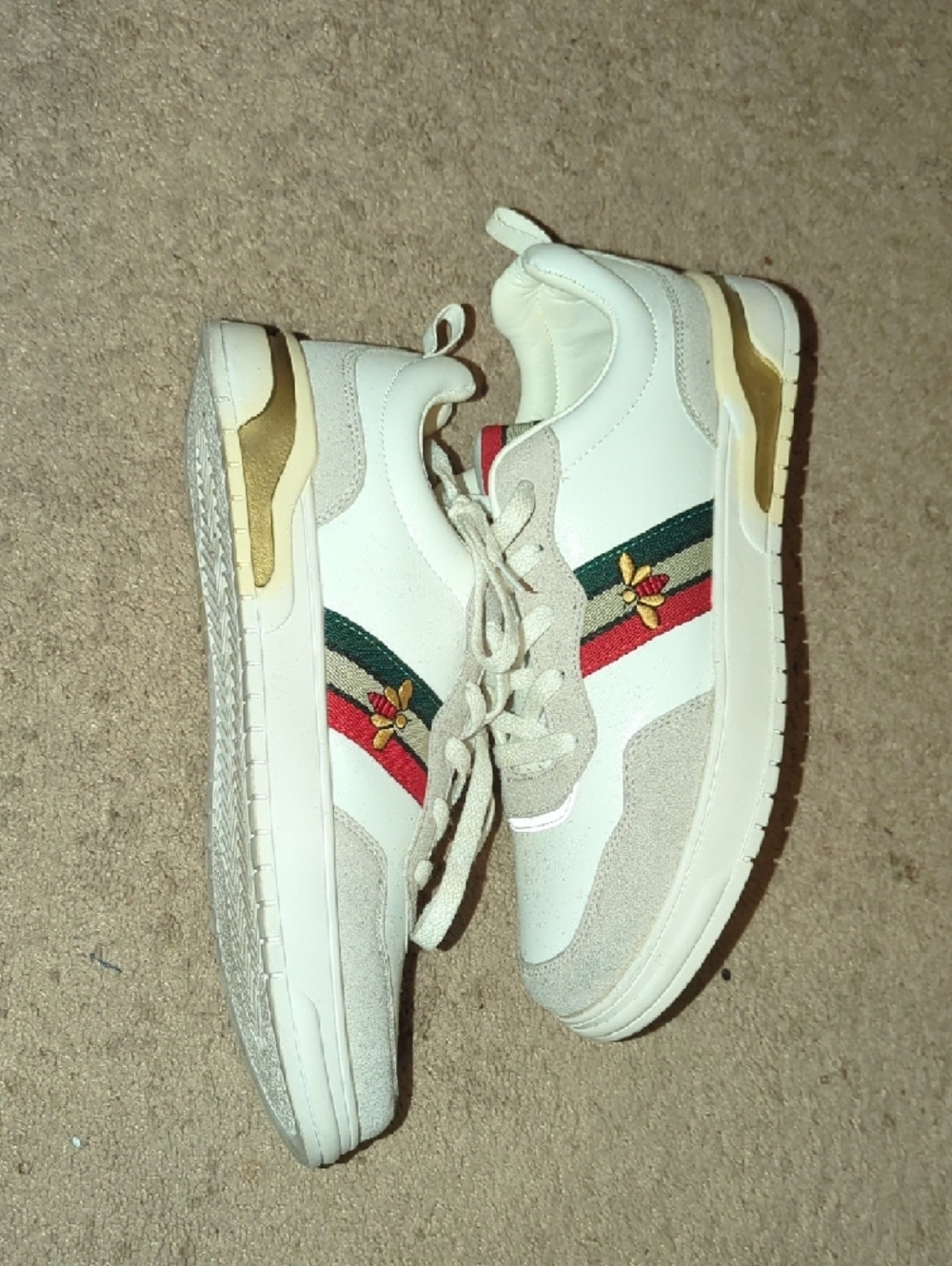 White Leather Sneaker with Green & Red Stripe - Picture 2 of 3